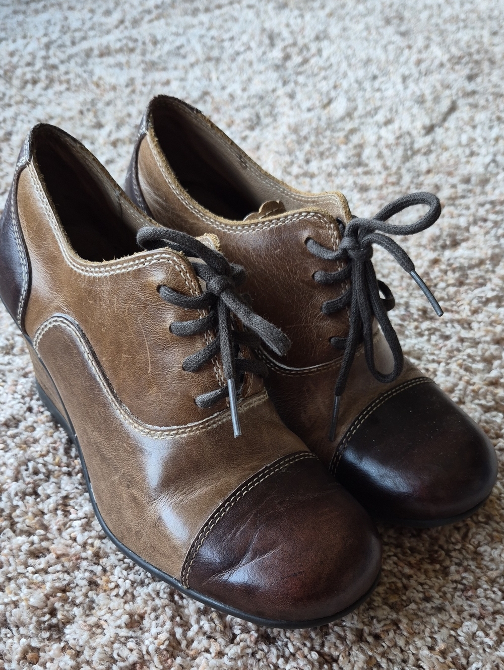 Fly London Two-Tone Brown Lace-Up Cap-Toe Heels